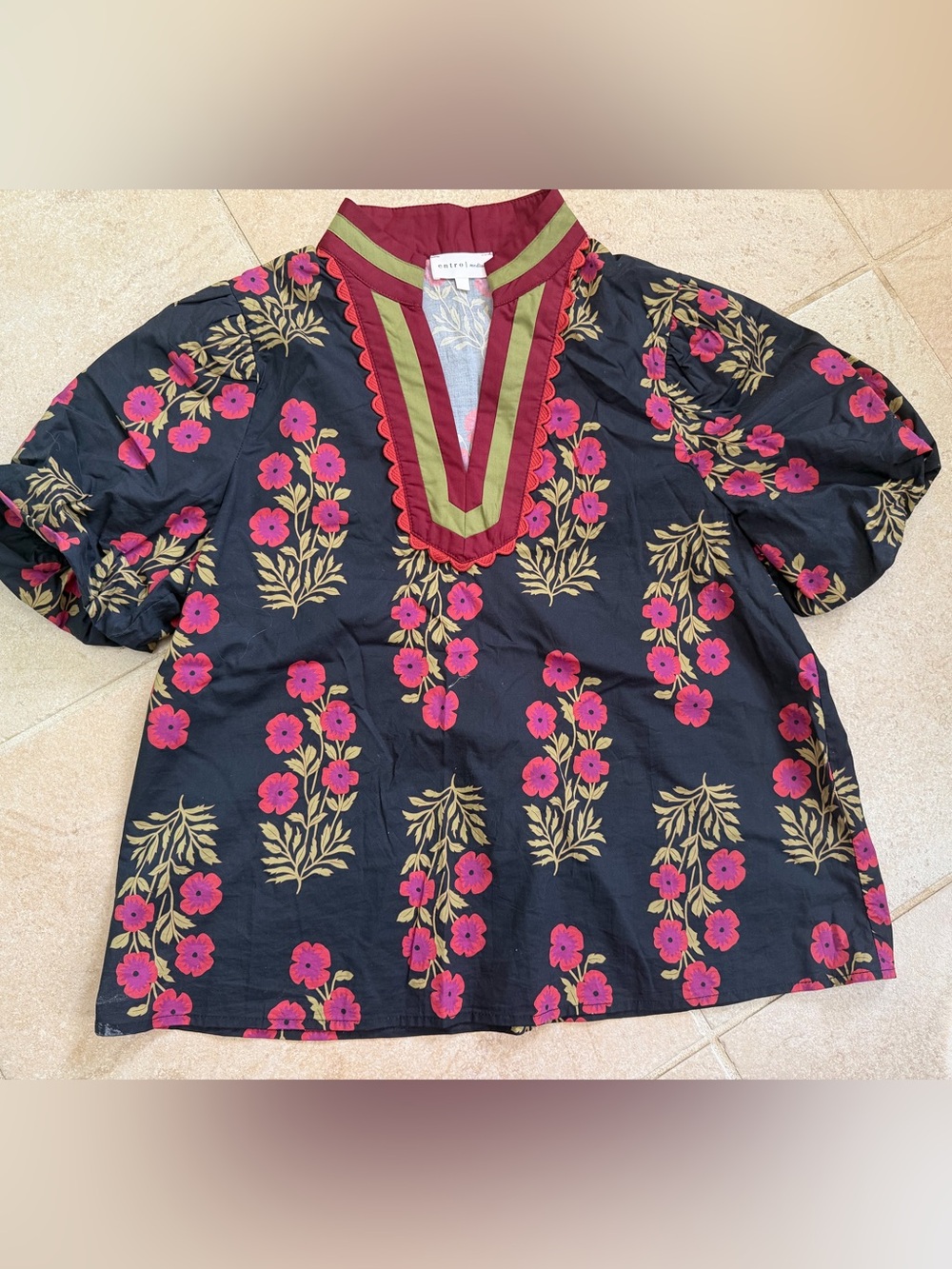 entro Cotton Black Floral V-Neck Tunic with Pink & Olive Accents